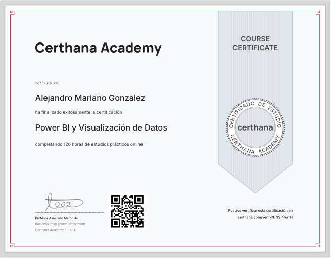 Ejemplo de Certificado Online de Certhana Academy, verificable internacionalmente
